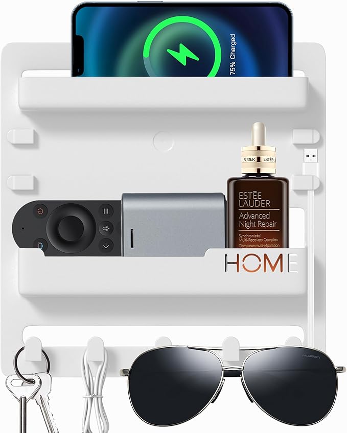 Bedside Wall Mount Organizer,Bedside Wall Shelf Accessories Floating Shelves Stick On for Bedroom Storage Organization,Aesthetic Room Dorm Decor for Girls,Cute Stuff for Teens,5 Hooks-White
