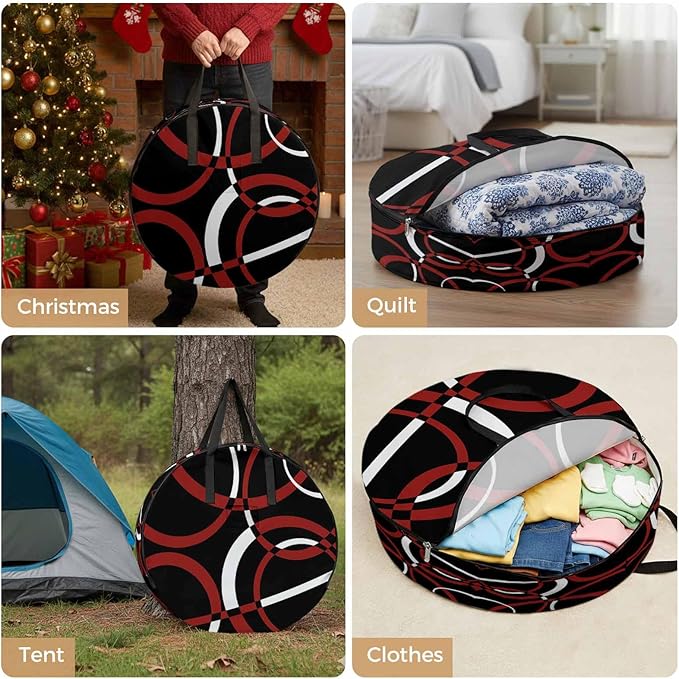 Storage Bag Red Black Geometric Circle Round Storage Totes Bins Closet Organizers with Zippers & Handle Modern Abstract Lines Clothes Storage Container for Bedroom Dorm Space Saving Packing Supplies