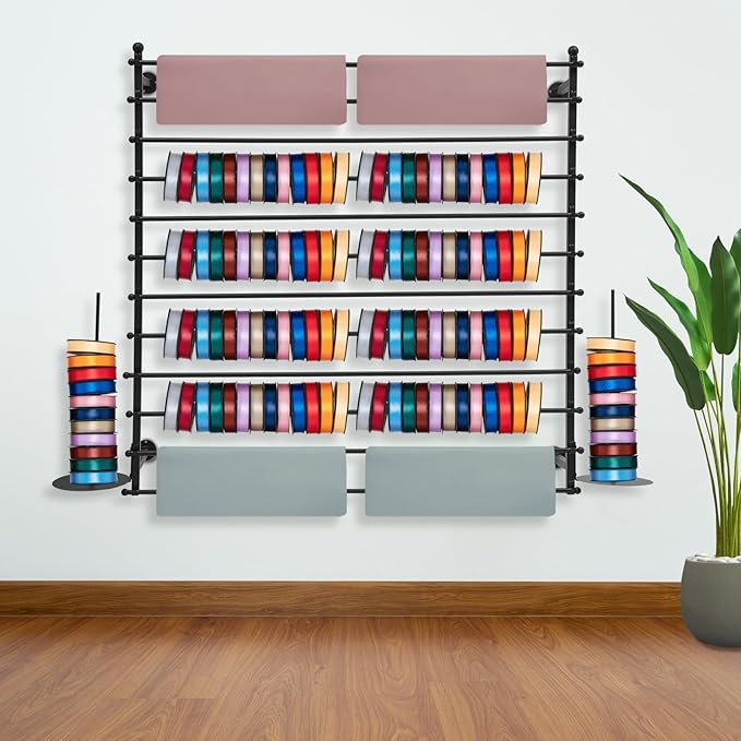 12-Layer Ribbon Holder Organizer Rack Wall Mounted Wrapping Paper Storage Rack Ribbon Dispenser Holder Wrapping Station Display Racks for Craft Room Florist Cake Shop(Black)