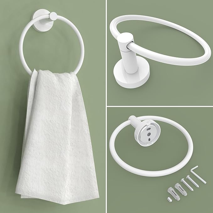 RARXTR White Toilet Paper Holder & Towel Ring SUS304 Stainless Steel 2pc Bathroom Hardware Set with Double Post Pivoting Toilet Paper Roll Holder Wall Mount & Bathroom Towel Holder Set
