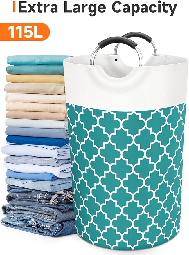 Fabspace Large Laundry Basket Laundry Hamper Bag Washing Bin Clothes Bag Collapsible Tall With Handles Waterproof Travel Bathroom College Essentials Storage For College Dorm, Family (Green)115L