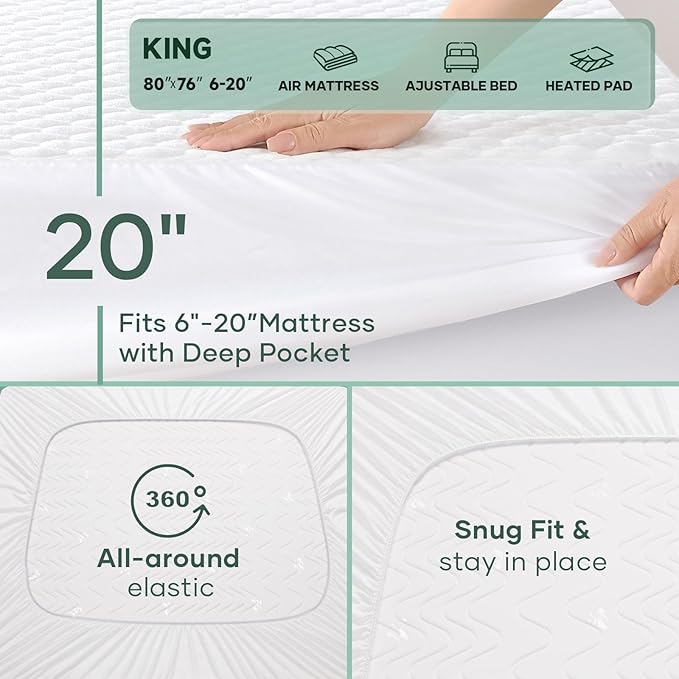 OhGeni 100% Waterproof King Size Mattress Protector, Soft Mattress Pad, Fits 6"-20" Mattresses with Deep Pocket, Cooling, Breathable Fitted Sheets, Soft Bed Cover, Noiseless, Machine Washable