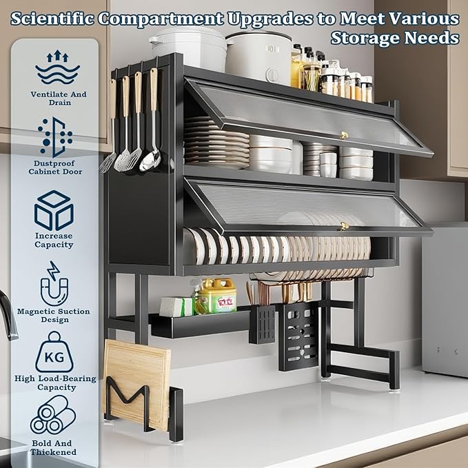 Dish Drying Rack 4 Tiers with Cover, Keep Kitchen Sink Shlef Organized Space-Saving, Large Drying Rack for Dishes, Glasses, Bowls, Cutlery Black (33.5‘’Double)