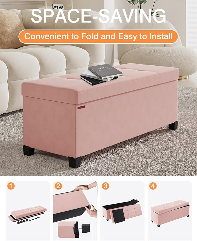 ABHENG Foldable Storage Ottoman Bench, Velvet Footrest and Seat Cube with Feet, Storage Chest, for Living Room, Bedroom and Office, 15 x 43 x 15.7 Inches, Jelly Pink, ASND24P
