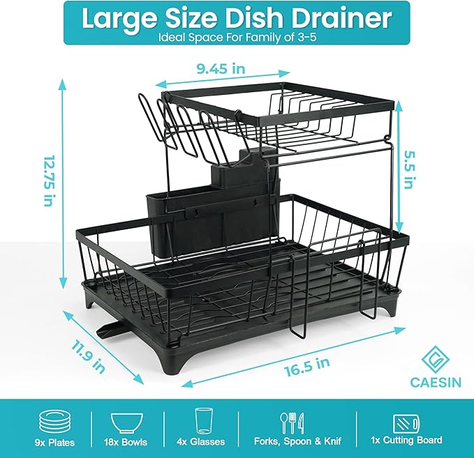 CEASIN 2 Tier Dish Drying Rack, Premium Alloy Steel Dish Drainer for Kitchen Counter, Drainboard & Cup Holder, Anti-Rust & Space Saving, Utensil Holder, Black Dish Drying Rack, 44.5x31.8x11.7