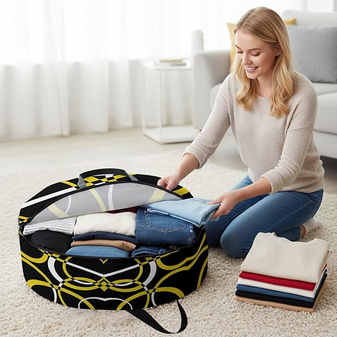 Storage Bag Yellow Black Geometric Circle Round Storage Totes Bins Closet Organizers with Zippers & Handle Modern Abstract Lines Clothes Storage Container for Bedroom Space Saving Packing Supplies