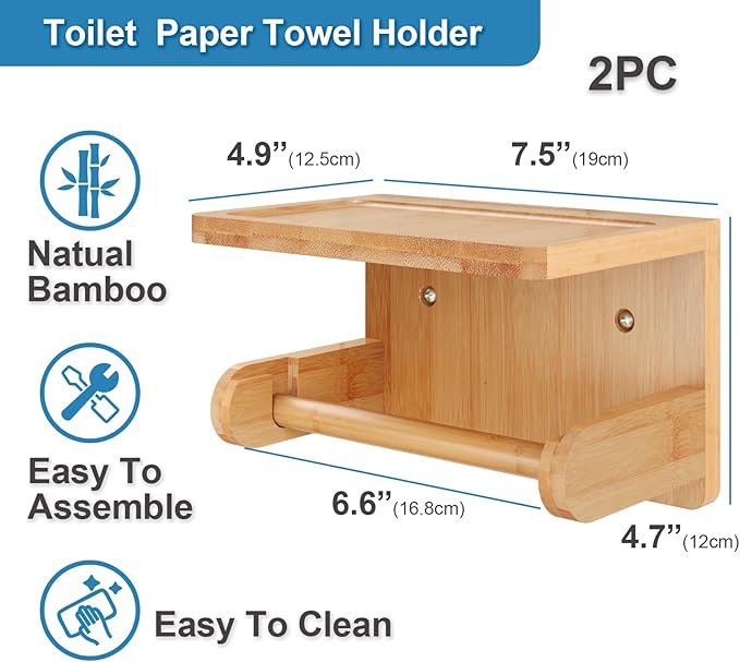 VERTORGAN 2 Pack Toilet Paper Holder with Phone Shelf,Bamboo Wall Mounted Tissue Roll Holder for Bathroom(Natural)