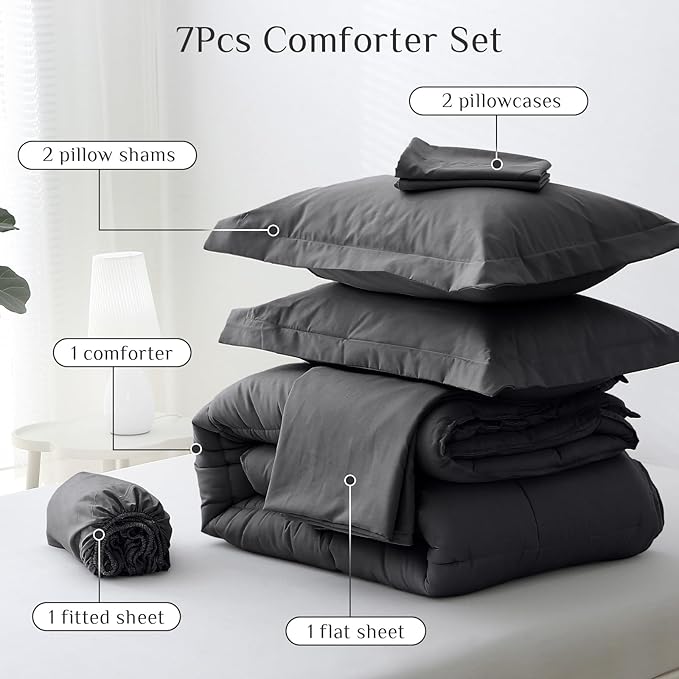 JOLLYVOGUE Oversized King Comforter Set, Ultra-Soft Bed in a Bag Oversized King Size 7 Pieces, Oeko-TEX Certified Bedding Set with Down Alternative Comforter, Sheets, Pillowcases & Shams, Dark Grey