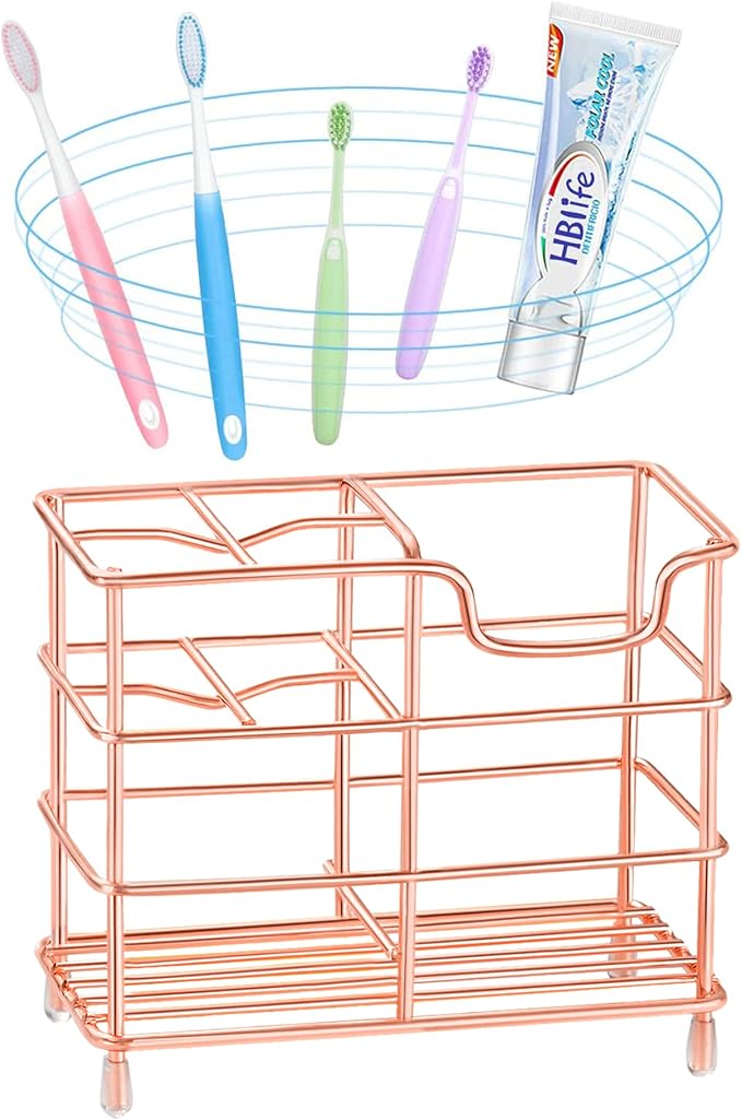 HBlife Small Toothbrush Holder for Bathroom, 5 Slots Rose Gold Stainless Steel Bathroom Accessories Organizer for Small Spaces