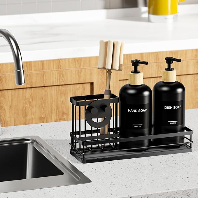 Moforoco Kitchen Dish Soap Dispenser Set, 16OZ Glass Bottle, Hand and Dish Soap Dispenser Set, Instant Dry Tray, Brush Holder with Smiley Face Sponge Holder (Black Tray &Black Bottle&Labels)