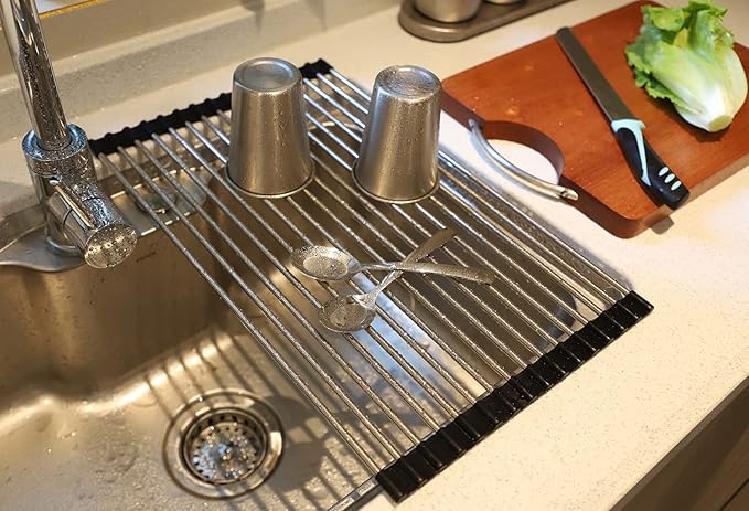 Ahyuan Corner Sink Dish Drainer over the Sink Dish Drying Rack Corner Dish Rack SUS304 Cubic Stainless Still Kitchen Sponge Holder Corner Sink Sponge Caddy Dish Rack (Matte Black)