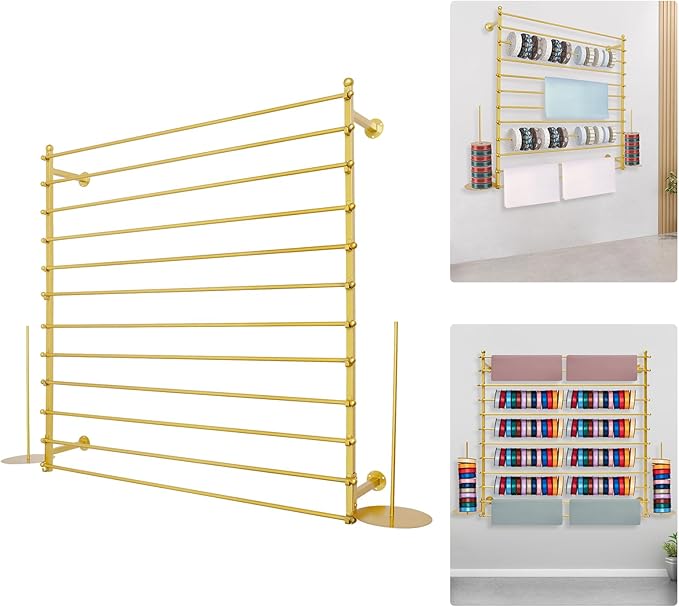 12-Layer Ribbon Holder Organizer Rack Wall Mounted Wrapping Paper Storage Rack Ribbon Dispenser Holder Wrapping Station Display Racks for Craft Room Florist Cake Shop(Gold)