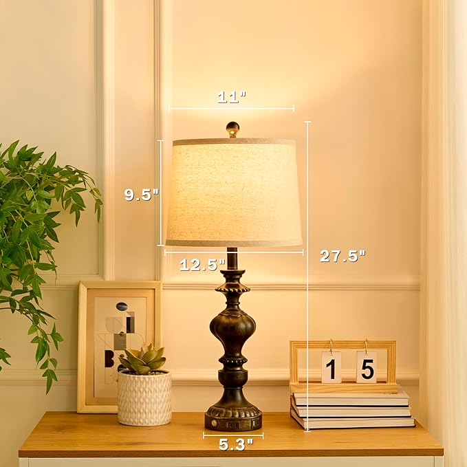 SAIWEYA 27.5" Farmhouse Table Lamps Set of 2 Bedside Lamp with USB C+A Ports & AC Outlet, 3 Way Dimmable Touch Lamps for Living Room Bedroom Office Hallway Rustic Nightstand Traditional Lamp