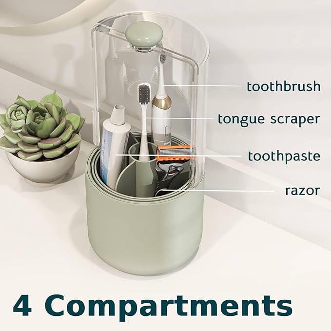 YOOLENS Toothbrush Holder with Cover 360 Rotating 4 Compartments Bathroom Toothpaste Electric Toothbrush Organizer, Light Green