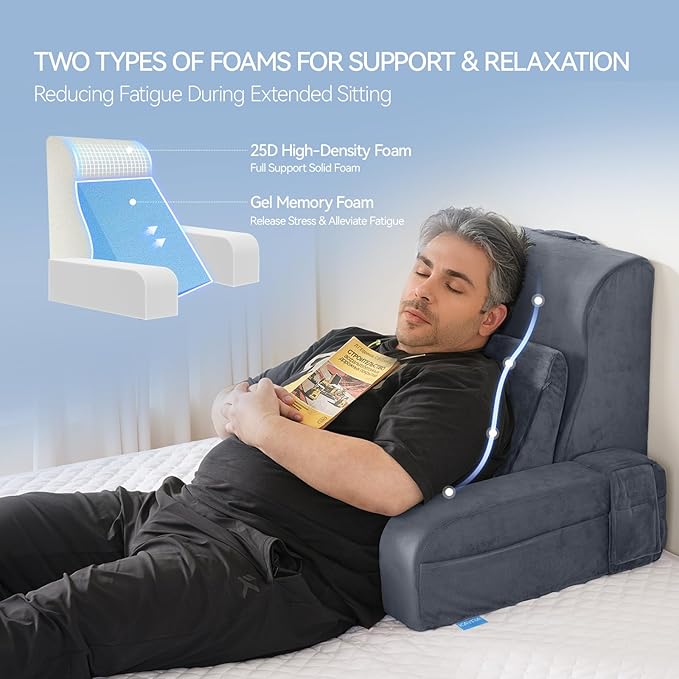 Kayfia Reading Pillow, 10 in 1 Back Pillow for Bed Sitting up with Detachable Arms Rest, Back Rest with Gel Memory Foam, Reading/Gaming/Working in Bed or Couch 21'', Gray