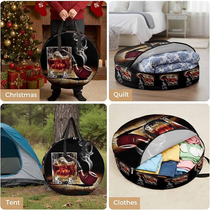 Storage Bag Whisky Glass Round Storage Totes Bins Closet Organizers with Zippers & Handle Wine Old Fashioned Cigarettes Clothes Storage Container for Bedroom Dorm Space Saving Packing Supplies Bags