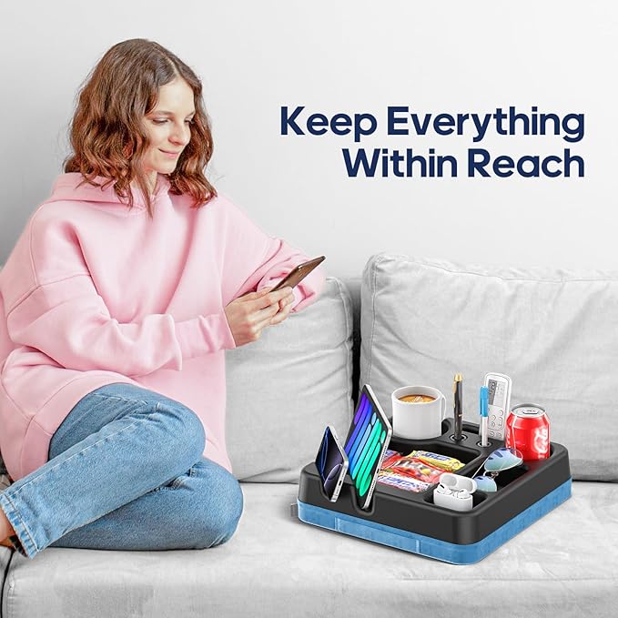 Couch Cup Holder Tray Couch Cup Holder Pillow Bed Tray Snack Sofa Bed Caddy Organizer Beach Sofa Drink Holder Anti-Spill Portable Snack Caddy Couch Remote Holder for Phone Pad Kindle Beverage Blue