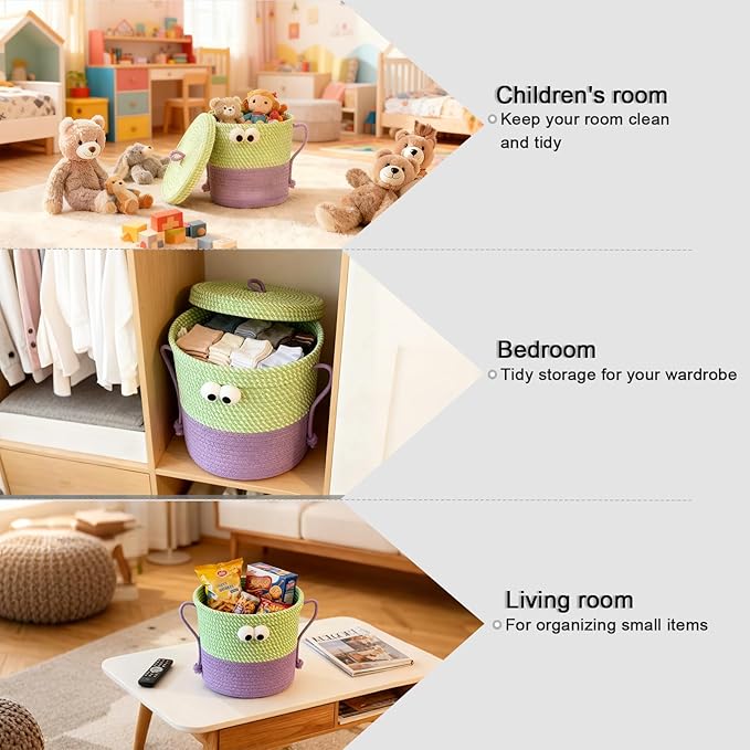 Cotton Rope Storage Basket with Lid & Handles, Cute Monster Decor Basket for Nursery, Toys, Diapers, Baby Shower & Easter Gift, 9.8" x 9.8" (Green & Purple)