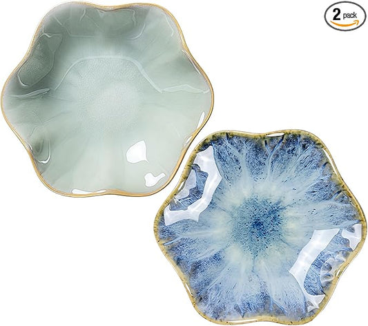 2Pcs Ceramic Jewelry Dish - Lotus Leaf Shape, for Ring Holder Necklace Small Key, Suitable for Mother Friend Sister, Gifts for Women, Cute Plate Trinket Tray, Home Decor (Green & Light Blue)