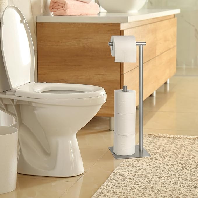 Toilet Paper Holder Stand Silver Bathroom Toilet Paper Roll Holder Freestanding Toilet Paper Holder with Reserve Toilet Tissue Storage Shelf, Holds Up to 4 Rolls of Paper