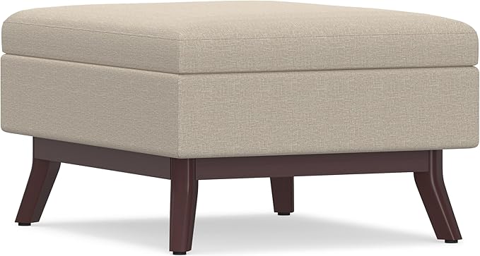 SIMPLIHOME Owen Coffee Table Storage Ottoman - 34" Wide x 19" High Upholstered Linen Look Fabric Rectangular Lift-Top Ottoman in Natural, Mid-Century Modern Bench for Living Room with Tapered Legs