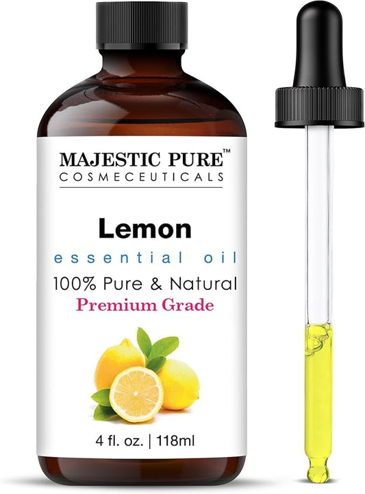 Majestic Pure Essential Oil with Glass Dropper - 100% Pure and Natural - Essential Oils for Diffuser, Aromatherapy, Soap and Candle Making, Lemon Essential Oil, Lemon Oil, 4 Fl Oz