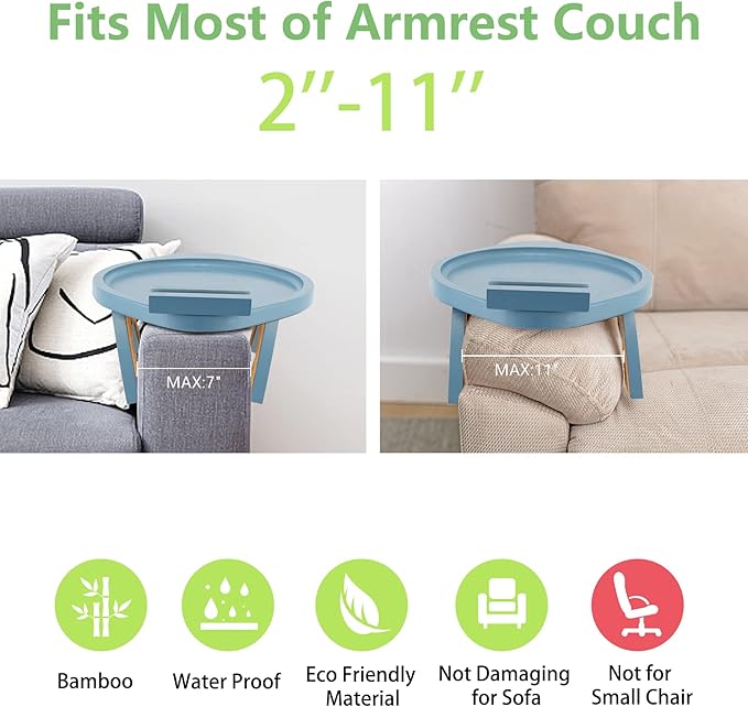 SINWANT Couch Armrest Table, Bamboo Clip On Couch Arm Table with 360°Phone Holder,Foldable Sofa Arm Tray for Eating and Drinking, TV Tray