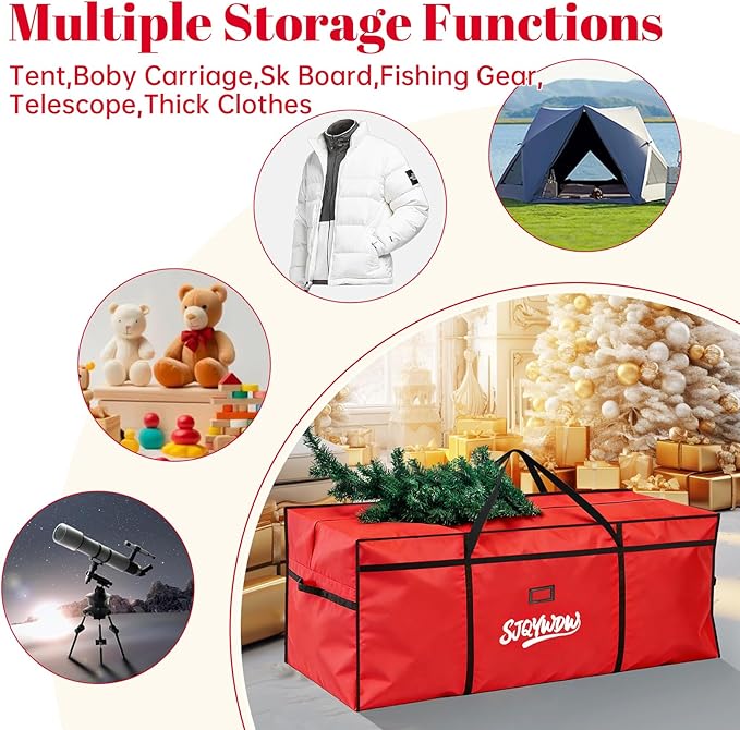 Christmas Tree Storage Bag, 9 Ft Christmas Tree Bag, Reusable Heavy Duty 600D Oxford Cloth, Built-in Double Mesh Bags, Double Zippers for Large Artificial Christmas Tree(65×18×27in, Red)