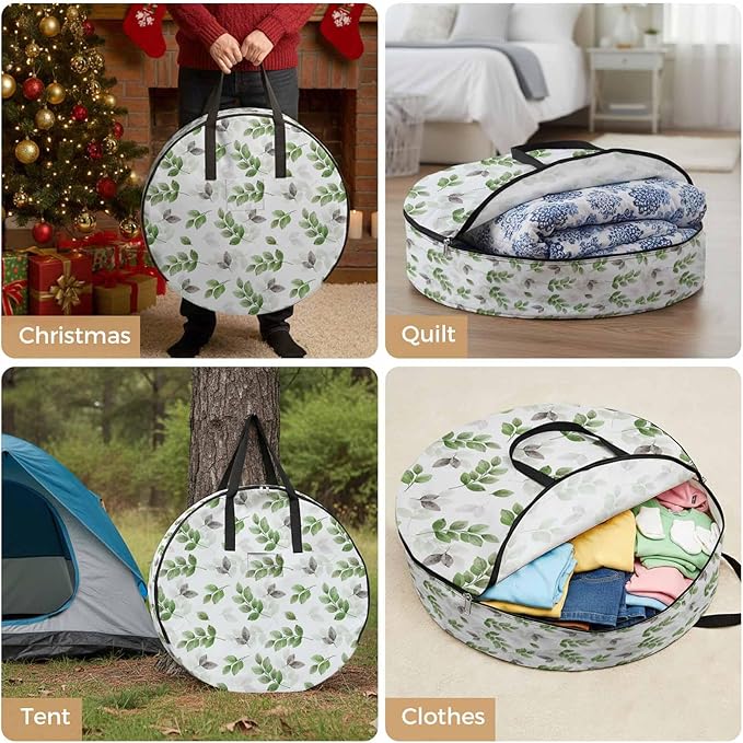 Botanical Country Round Storage Bag 24 Inch, Green Eucalyptus Leaves White Background Clothes Storage Container with Handles Heavy Duty Organizer for Comforter, Bedding & Holiday Wreaths