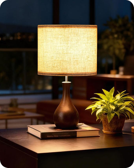 Small Table Lamp, 14.2" Cute Little Desk Lamp, Wood Bedside Lamp with Linen Lampshade, Modern Nightstand Lamp for Bedroom, E26 Base, Bulb Not Included, Beige & Dark Walnut STE09TL05
