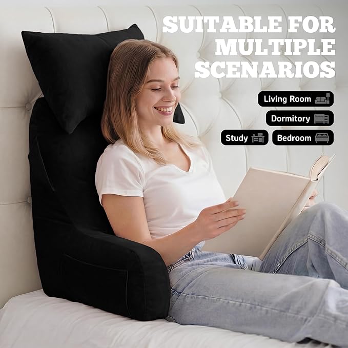 Unisakey Portable Reading Pillows with Headrest for Bed Sitting Up(Brown Oeko-Tex), Velvet Back Pillow with Arms & Pockets for Adults, Support Memory Foam Bed Pillow for Dorm/Reading/Watching/Gaming