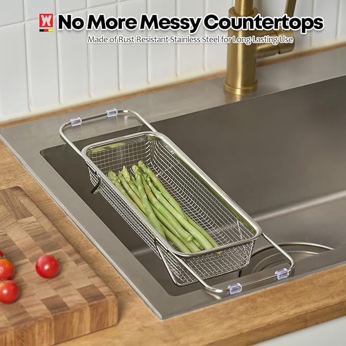 WAGENSTEIGER Extendable Dish Rack with Feet, Vegetable Colander Basket, Stainless Steel Dish or Silverware Drying Rack, Ultimate Kitchen Organizer Over the Sink (12.40 x 5.12 x 2.36 Inches)
