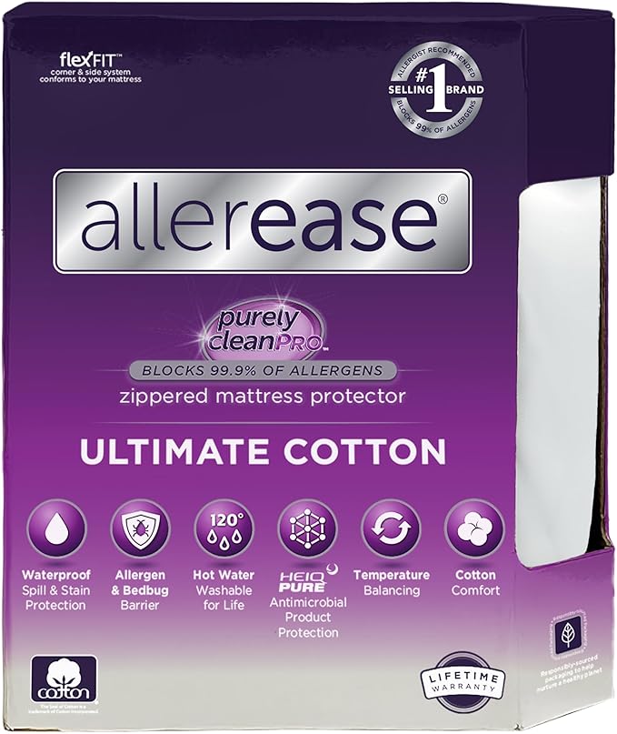 AllerEase Ultimate Cotton Top Allergy Protection and Comfort Zippered Mattress Protector King, White