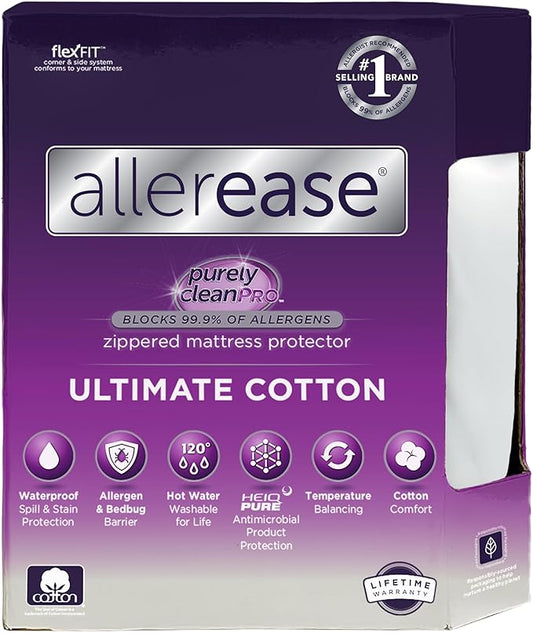 AllerEase Ultimate Cotton Top Allergy Protection and Comfort Zippered Mattress Protector Twin, White