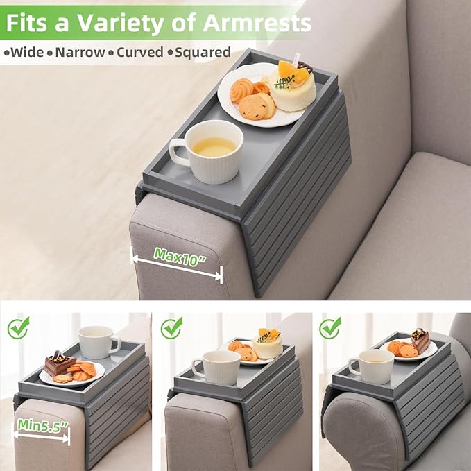 Bamboo Sofa Arm Tray with 2Pcs Cup Mats, Foldable Sofa Armrest Tray Side Table, Anti-Dropping Couch Armrest Table Cup Holder for Eats Drinks Snacks Remote Cellphone Cup Holder(Gray)