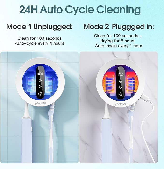 Upgraded UV Toothbrush Cleaner Holder, Toothbrush Holders Wall Mounted, Electric Toothbrush Holder for Bathroom, LED Smart Screen, Cleaning and Drying Fits All Toothbrushes for Home & Travel