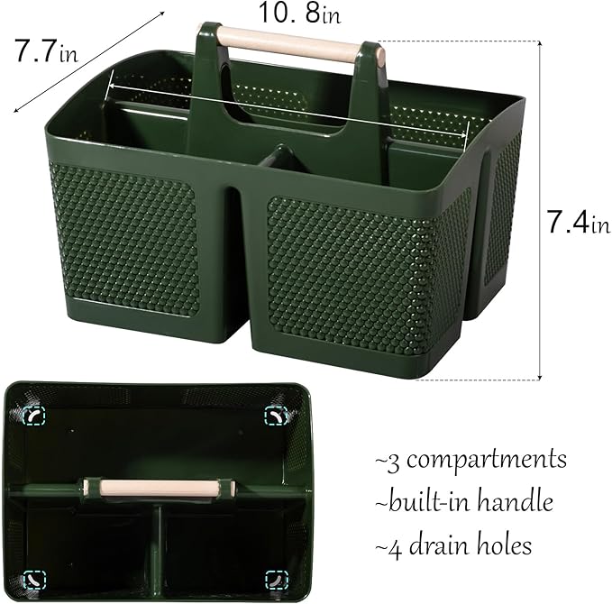 rejomiik Portable Shower Caddy Basket Plastic Cleaning Caddy Organizer Storage Tote with Handle for Bathroom, College, Dorm Room Essentials, Dark Green