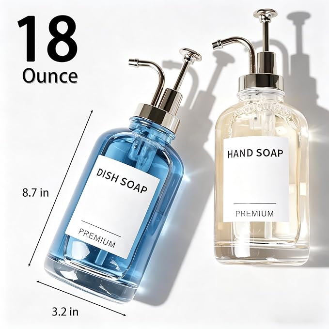 Dish Soap Dispenser for Kitchen, Hand Glass Soap Dispenser Set with Pump, Tray, Funnel for Bathroom, Shower, Laundry, Liquid, Lotion (Silver 2 Pack 18 Oz Clear Bottles with 12 Stickers)