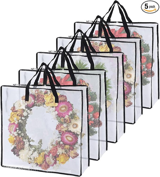 5 Pack Wreath Storage Bag 26x9 Inch Christmas Wreath Storage Container with Zipper and Handles, Underbed Wreath Storage Organizer for College Clothes Pillow Bedding Christmas Wreath