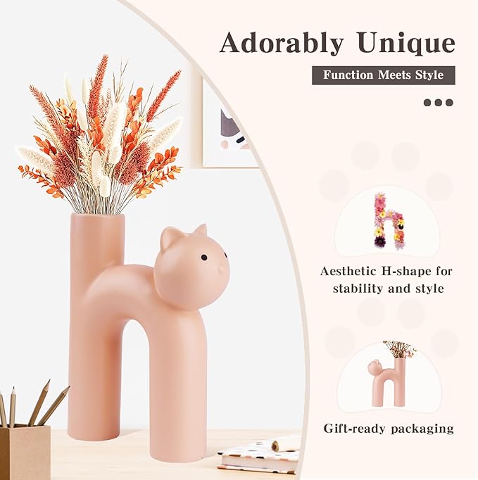 Cat Vase for Flowers, Cute Ceramic Vase Decor for Home, Pink Vase for Shelf Desk Bedroom, Cat Lover Gifts for Women, Cat Mom Gifts, Flower Vase for Dried Flowers, Pampas Grass