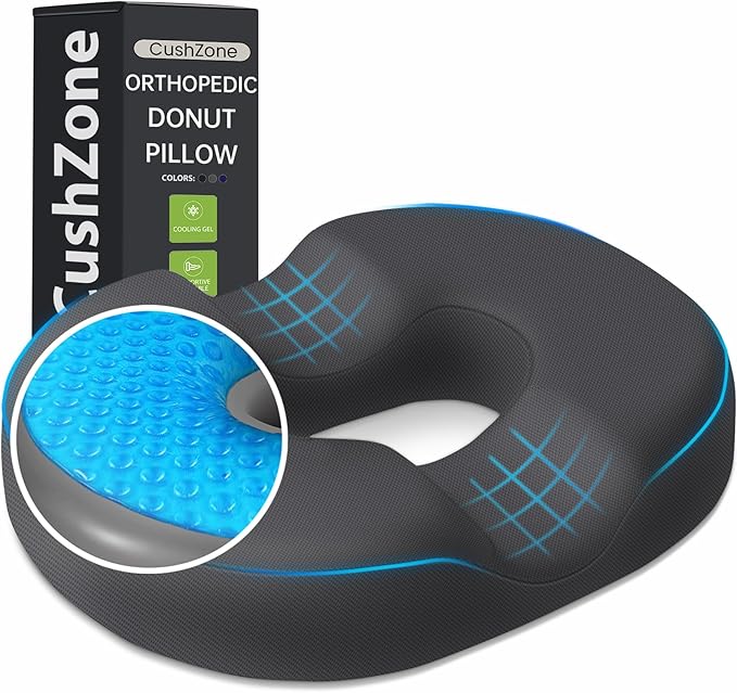 Donut Pillow Seat Cushion - Cooling Gel Outdoor Chair Cushions, Memory Foam Seat Cushion for Office & Home, Car Seat and Patio Furniture Cushions, Hemorrhoids Pillow and Tailbone Pain Relief, Grey