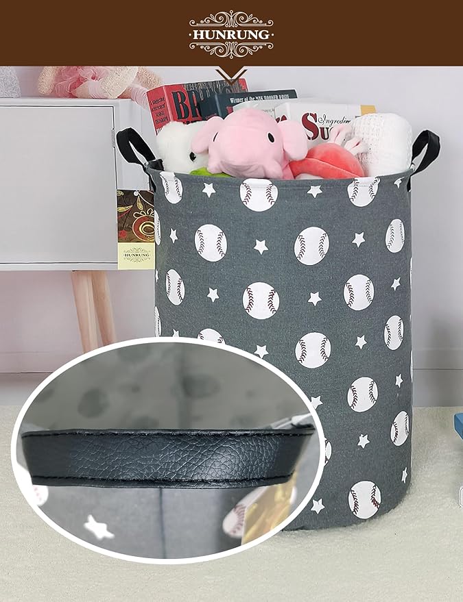 HUNRUNG Collapsible Fabric Storage Basket, Waterproof Laundry Hamper with Handles, Round Storage Bin for Clothes Toys, Foldable Organizer for Bedroom Nursery Bathroom(Round-Grey Baseball)