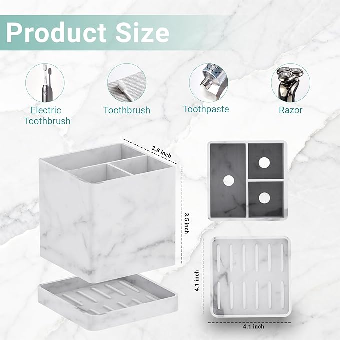 Toothbrush Holders for Bathrooms, 3 Slots Kids Countertop Silicone Electric Tooth Brush and Toothpaste Holder Organizer Stand with Drainage Tray, Bathroom Accessories Decor, White Marble