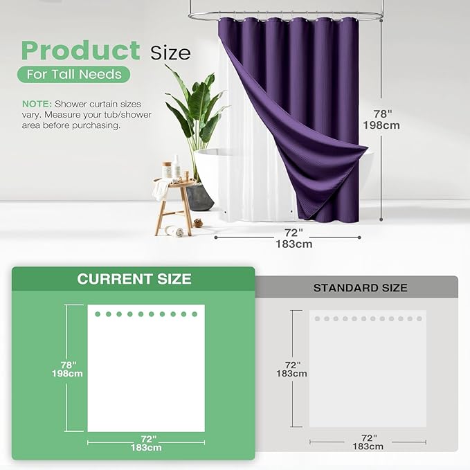 Dynamene Purple Shower Curtain and Liner Set, Waffle Weave Fabric, Waterproof Clear Liner, 256GSM Heavy Duty Weighted Hotel Luxury Cloth Shower Curtains for Bathroom with 12 Plastic Hooks, 72Wx72H