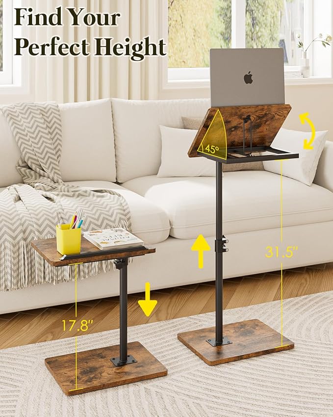Masupu Sofa Arm Tray Table - 360° Swivel Height Adjustable End Table, Small Snack Side Table for Couch, C Shaped Table for Bed, Chair or TV Tray Table(Rustic Brown, Angle Adjustable)