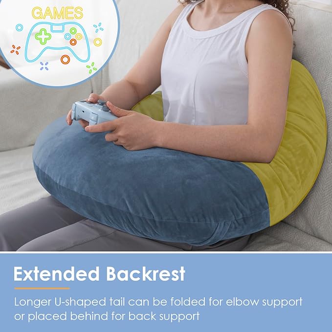 QUEEN ROSE Reading Pillow, Gaming Pillow for Lap, Sitting in Bed or Sofa, Extra Arm Rest for Reading, Playing or Crocheting, Soft Velvet Blue