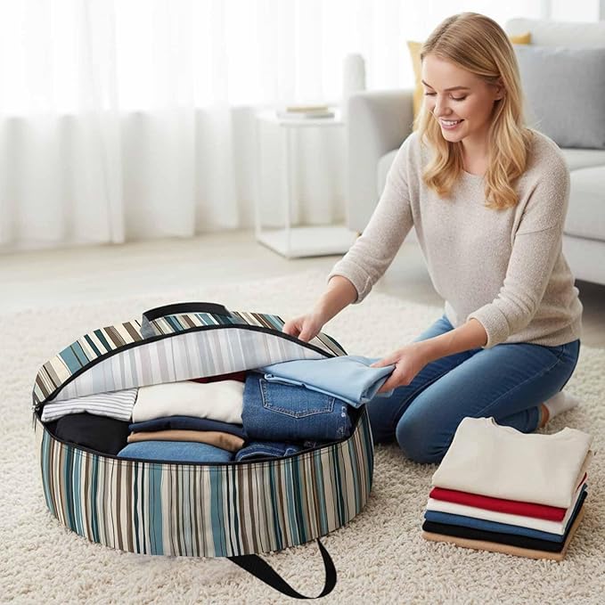 Boho Vertical Stripe Round Storage Bag 36 Inch, Green Beige Simple Lines Clothes Storage Container with Handles Heavy Duty Organizer for Comforter, Bedding & Holiday Wreaths