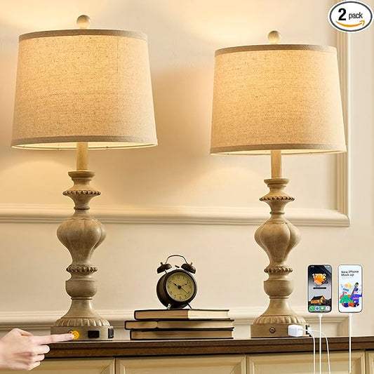 SAIWEYA 27.5" Farmhouse Table Lamps Set of 2 Bedside Nightstand Lamp with USB C+A Ports & AC Outlet, 3 Way Dimmable Touch Lamps for Bedroom Living Room Office Rustic Lamp