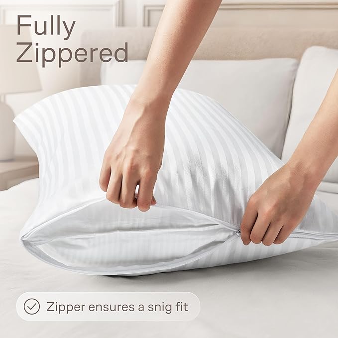 Ultra Soft Pillow Protectors with Zipper Queen Size - Set of 12 Breathable Pillow Covers - 100% Protection Against Stains, Dust & Dirt - Machine Washable (Dark White)