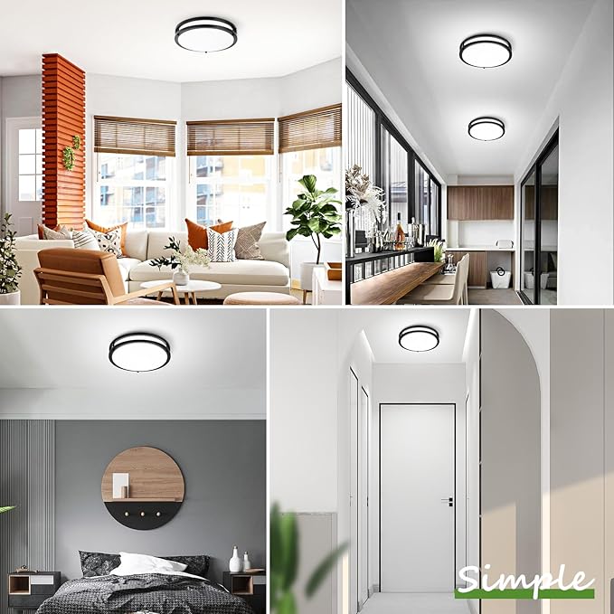 2-Pack 36W LED Flush Mount Ceiling Lights, 3200LM Black Ceiling Light Fixtures, 5 Color in One (2700K/3000K/4000K/5000K/6500K), 12'' Modern Round Ceiling Lamp for Kitchen Hallway Stairwell Offices